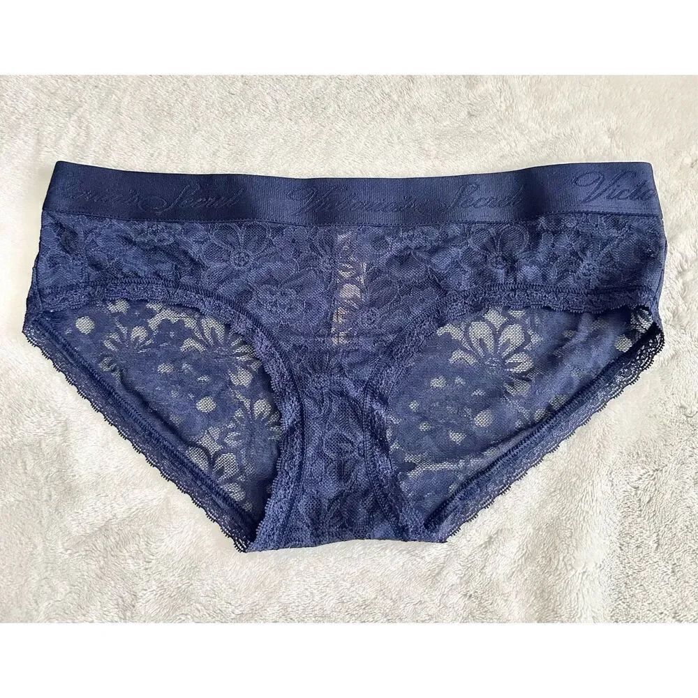 Navy blue all lace with logo band womens panties size S Victoria’s Secret